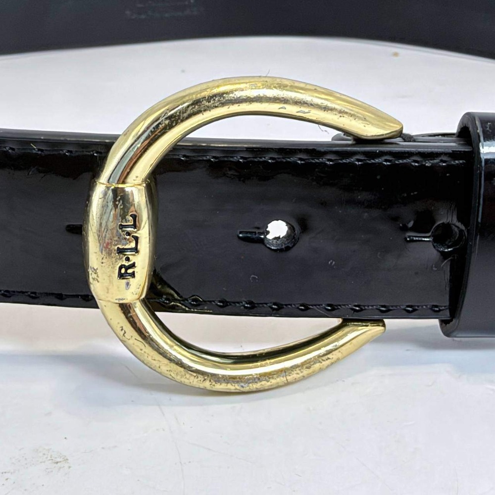 Lauren Ralph Lauren Black Patent Leather Belt Gold Horseshoe Buckle Size S